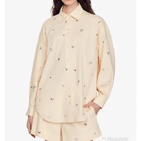 Sandro Rhinestone Cream Collared Shirt - Picture 1 of 12